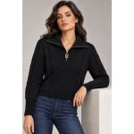 Zip-Neck Cable Knit Sweater - Black